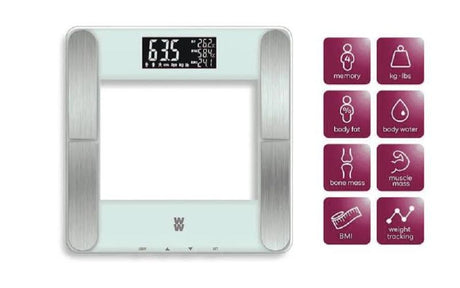 Sleek Weight Watchers Smart Scale with LCD display, measuring body metrics and weighing up to 182kg for effective health tracking.