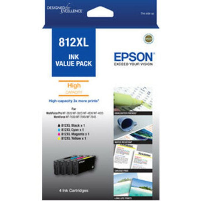 Epson DURABrite Ultra 812XL Value Pack includes 4 high-capacity ink cartridges for vibrant, smudge-resistant prints.