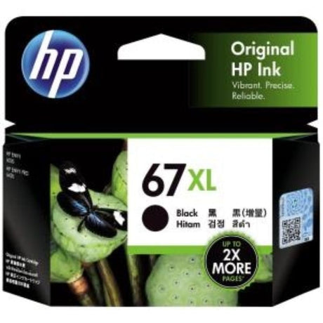 HP 67XL black ink cartridge for high-quality printing, compatible with various HP printers, offering vibrant results and high page yield.