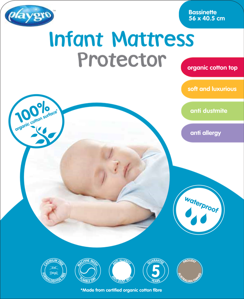 Organic cotton cradle protector, 90x56cm, waterproof, breathable, crinkle-free, allergy barrier, machine washable.