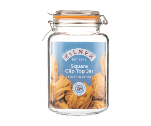 Kilner 3 Litre Square Clip Top Jar, perfect for preserving food and stylish pantry storage, made from durable sodalime glass.