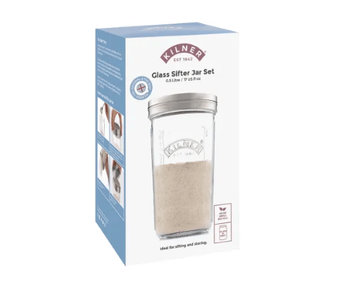 Kilner Sifter Jar (500ml) with stainless steel sieve, ideal for sifting flour and cocoa, made from durable glass.