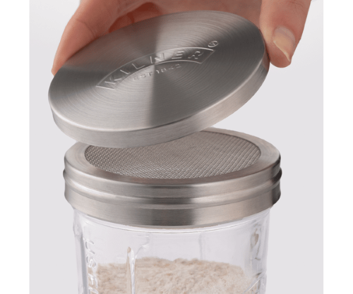 Kilner Sifter Jar (500ml) with screw-on sieve and lid, perfect for baking and storing dry ingredients sustainably.