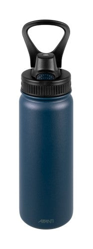 Stylish navy stainless steel water bottle, 550ml, features vacuum insulation, leakproof lid, and a non-slip grip for active hydration.