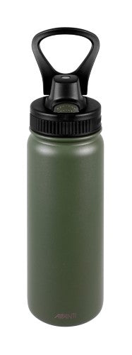 Insulated 550ml khaki water bottle featuring stainless steel, leakproof lid, and keeps drinks cold for 24 hours or hot for 12 hours.