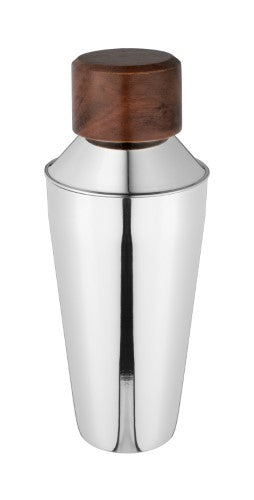 Sleek 750ml stainless steel cocktail shaker with wooden lid, perfect for mixing, straining, and pouring cocktails stylishly.