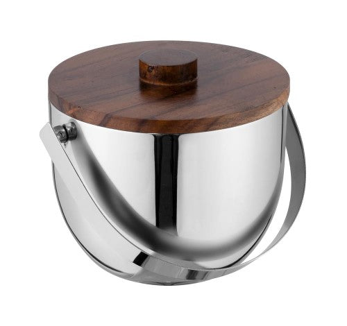 Elegant stainless steel double wall ice bucket with wooden lid, designed to keep ice frozen longer for stylish home entertaining.