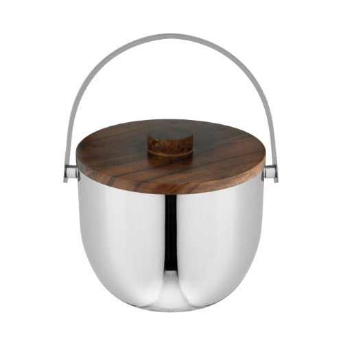 Avanti Kingston ice bucket with double wall insulation, stainless steel finish, wooden lid, and wide opening for easy ice access.