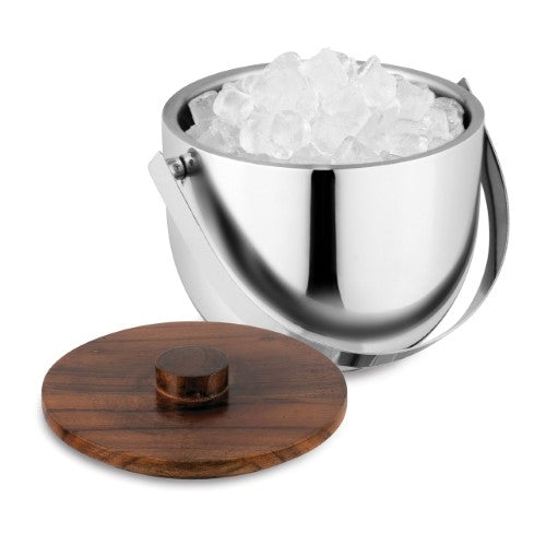 Luxurious Avanti Kingston double wall ice bucket in stainless steel with wooden lid, designed for stylish entertaining and superior insulation.