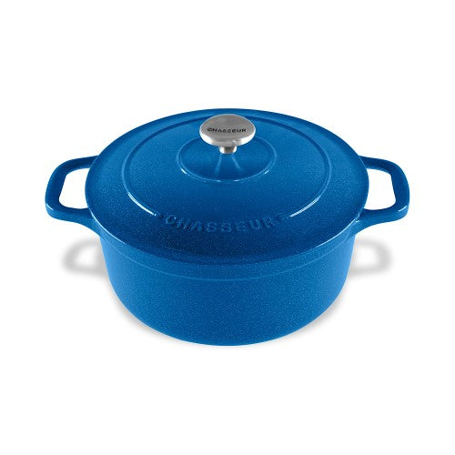 Chasseur RFO Blue Sparkles 26cm French Oven, featuring a unique design and 5.0L capacity for versatile cooking.