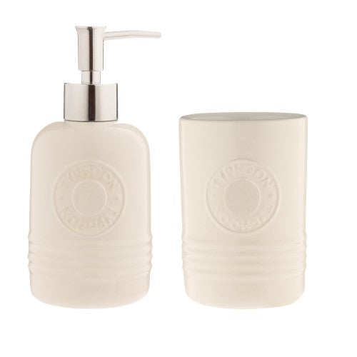 Cream ceramic dispenser and tumbler set with 320ml capacity, perfect for stylish and organized bathroom decor.