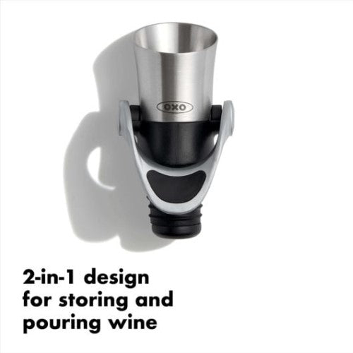 OXO STEEL Wine Stopper & Pourer, stainless steel, reduces spills, aerates wine, ideal for preserving and serving all wine types.