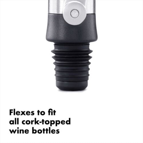 OXO STEEL Wine Stopper & Pourer: elegant stainless steel tool for spill-free pouring and easy sealing of wine bottles.