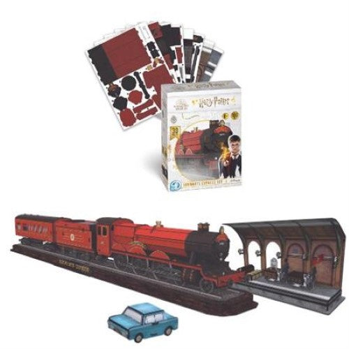 3D paper model kit of Hogwarts Express set featuring 180 pieces, Platform 9¾, and Flying Ford Anglia for fans aged 8+.