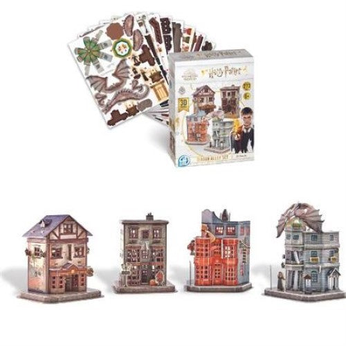 3D paper model set of Diagon Alley, featuring Weasleys’ Wizard Wheezes, Gringotts, and Ollivanders, with 273 detailed pieces.