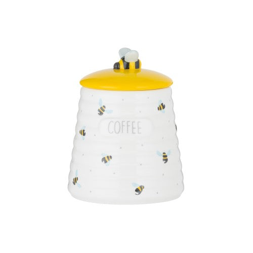 A charming 700ml coffee jar with a hand-painted bumble bee handle and yellow glazed lid for fresh storage.