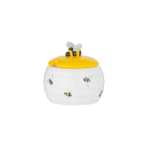 Delightful bee hive-shaped sugar bowl with vibrant yellow bumble bee knob, perfect for tea or coffee.