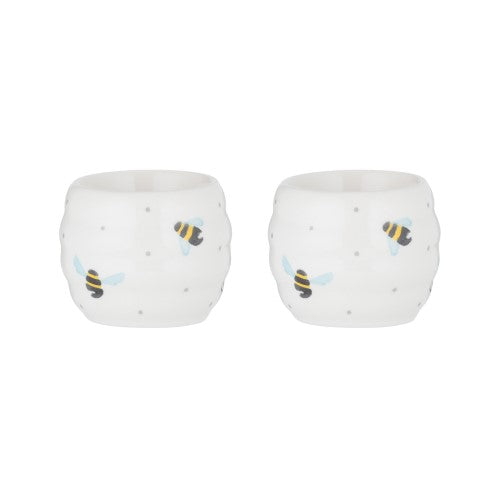 Whimsical bee-designed egg cup set of 2, perfect for soft or hard-boiled eggs, suitable for dishwasher and microwave.