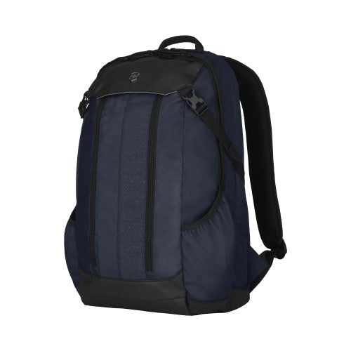 Sleek blue Victorinox Altmont Slimline Backpack with organized interior, ergonomic shoulder straps, and improved airflow back padding.