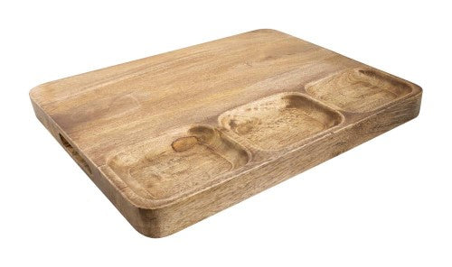 Mango wood cutting and serving board, elegantly designed, measuring 43 x 33 x 3.6 cm, perfect for meal prep and showcasing platters.