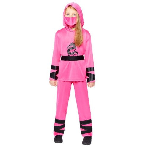 Pink ninja costume for kids, featuring a hooded top, trousers, belt, and face mask, perfect for imaginative play and dress-up.