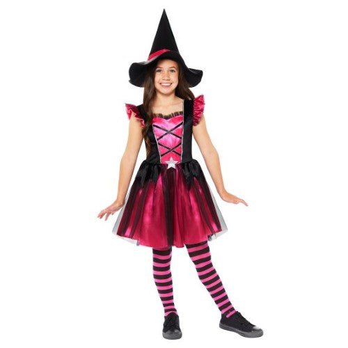 Pink witch costume for ages 3-4, featuring a stylish dress, matching hat, and tights, perfect for Halloween and imaginative play.