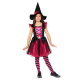 Pink witch costume for ages 3-4, featuring a stylish dress, matching hat, and tights, perfect for Halloween and imaginative play.