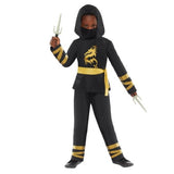 Gold ninja costume for kids aged 8-10, featuring a stunning outfit with hood, mask, and cuffs for Halloween or themed play.