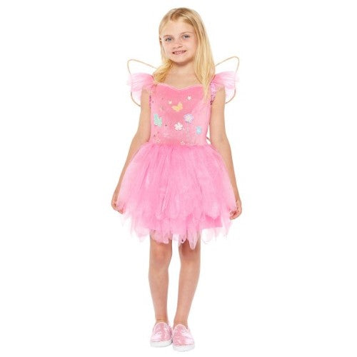 A pink fairy costume for ages 3-4, featuring a beautiful dress and delicate wings for magical playtime adventures.