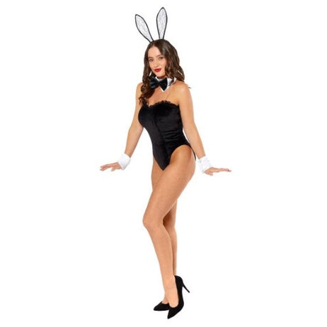 Costume Tuxedo Bunny for women, size 14-16, featuring a bodysuit, collar, cuffs, and headband for playful elegance.