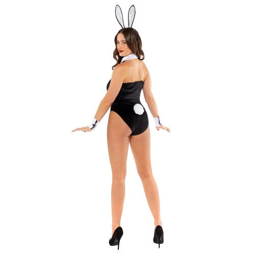 Elegant women's Tuxedo Bunny costume in size 16-18, featuring a sleek bodysuit, collar, cuffs, and bunny ears headband.