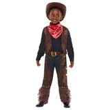 Child's Costume Western Cowboy outfit with waistcoat, neckscarf, chaps, and felt hat for imaginative play and dress-up fun.