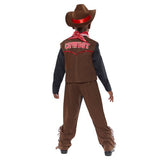 Charming western cowboy costume for kids aged 3-4, featuring waistcoat, neckscarf, chaps, and felt hat for imaginative play.