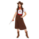 Western Cowgirl costume for women, size 8-10, featuring a hat, dress with waistcoat, and neckscarf for a playful Western look.