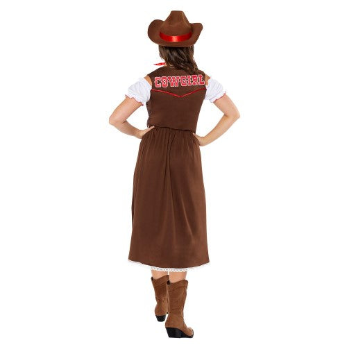 Western Cowgirl Costume for Women, size 8-10, featuring a dress, waistcoat, hat, and neckscarf for a playful yet stylish look.