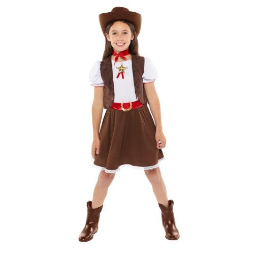 Adorable Western Cowgirl costume for kids 3-4 years, featuring a hat, dress with waistcoat, and neckscarf for imaginative play.