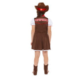 Adorable Western cowgirl costume for kids aged 3-4, featuring a hat, dress with waistcoat, and matching neckscarf.