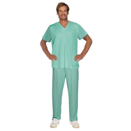 Men's X-Large Doctor Scrubs costume set featuring a stylish top and trousers, perfect for Halloween and themed events.