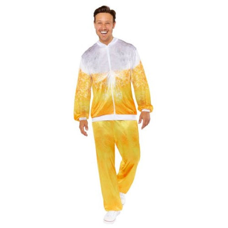 Vibrant men's beer shell suit in size medium, featuring a humorous all-over beer print, perfect for festive occasions.
