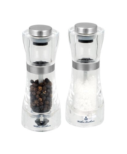 Stylish 13cm acrylic salt and pepper mill set from Wilkie Brothers, featuring adjustable grinding for customizable seasoning.