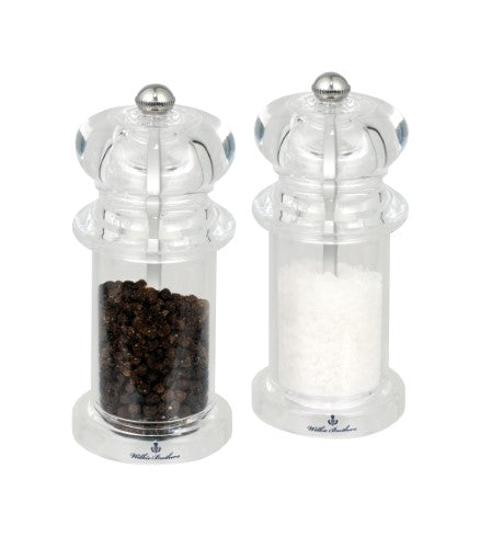 Elegant 14cm acrylic salt and pepper mill set by Wilkie Brothers, featuring adjustable grind settings and a lightweight design.