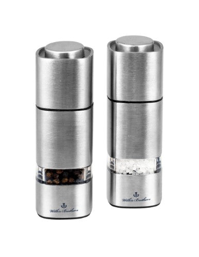 Sleek 13cm stainless steel salt and pepper mill set with adjustable grind for effortless seasoning in style.