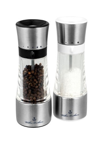 Sleek 18cm Wilkie Brothers salt and pepper mills in ACR and stainless steel with adjustable grind settings for fresh seasoning.