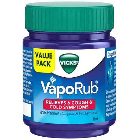 Soothing Vicks Vapo Rub 50g Tub for cold relief, featuring menthol and camphor for easy breathing and restful sleep.