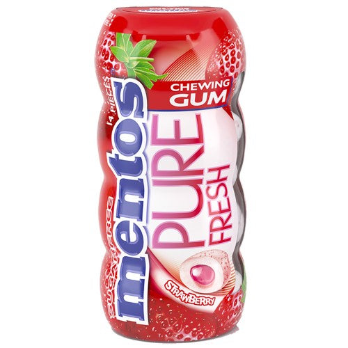 Mentos Gum Bottle in Strawberry flavor, 30g of chewy gum pellets in a 10-pack for fresh, fruity enjoyment on-the-go.