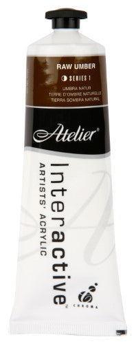 Acrylic paint tube of Atelier 80ml Raw Umber, ideal for versatile blending and layering in artwork, made in Australia.