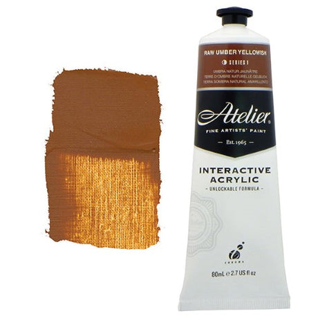 Atelier 80ml Raw Umber Yellowish Acrylic Paint tube, ideal for versatile blending and fast drying techniques for artists.