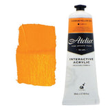 Vibrant 80ml Atelier acrylic paint in Cadmium Yellow Deep, ideal for blending, layering, and versatile artistic techniques.