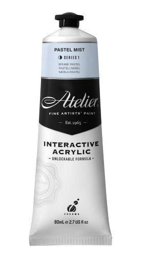 80ml bottle of ATELIER PASTEL MIST acrylic paint, featuring vibrant pastel colors and flexible drying times for artists.