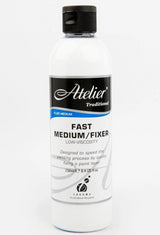 Acrylic paint tube labeled Atelier Fast Medium 250ml, showcasing its versatile fast-drying and controlled drying features.